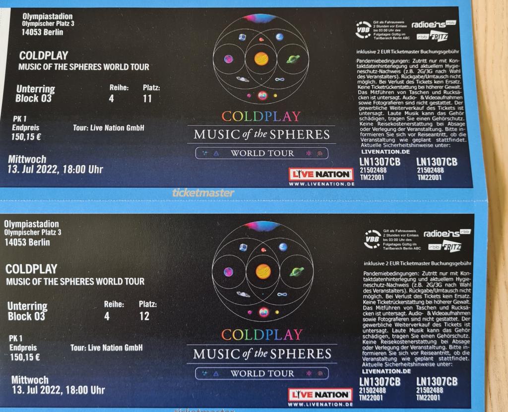 Coldplay Tickets in Berlin Veranstaltungen Kleinanzeigen